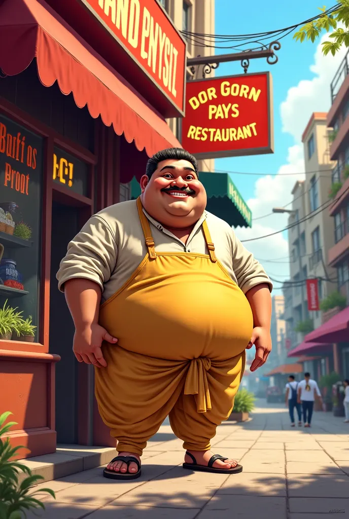 Fat Indian man with a restaurant name "gorn Pay's resteraunt".