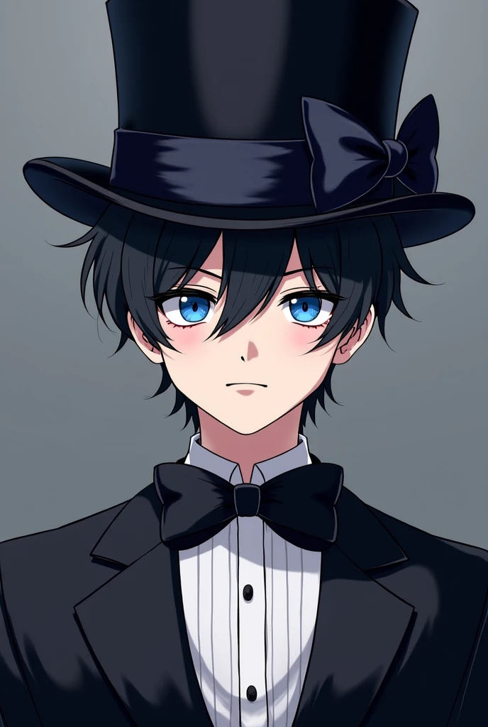 Create an anime boy with blue eyes he wears a top hat that has a bow the top hat and black the bow he is also wearing a suit he is 18 years old 