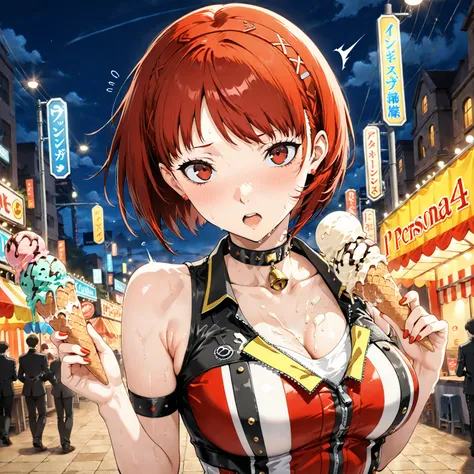 Yukiko Amagi: Persona 4, best quality, amazing quality, very aesthetic, high resolution, newest, hyper-detailed, 1girl, at the carnival, ice cream