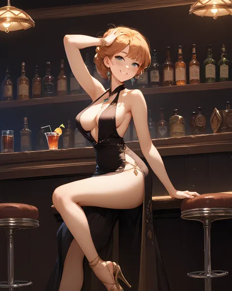 anna,score_9, score_8_up, score_7_up, source_anime, solo, cocktail dress, halter dress, plunging neckline, center opening, side slit, high-waist sideboob, high heel sandalette, bar, one hand on own head, blush, smile