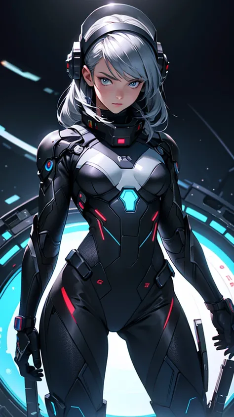 Beautiful cybernetic girl looking at camera in black combat space suit detailed muscles realistic masterpieces dynamic poses 