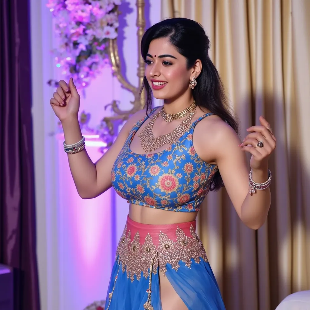 Graceful gujarati women, Navratri grarba dancer, anatomically correct, full body, wearning Blue and Pink Kutchi Embroidered Navratri Chaniya Choli, jewelry elaboration of details, stage, beautiful lines, curves, soft lighting, lithe figure, delicate moveme...