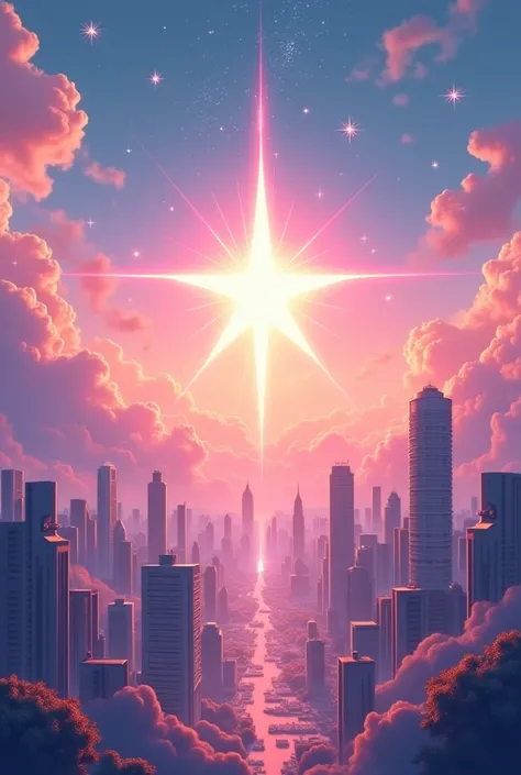 a pretty star in the pastel-colored sky with a lively city style