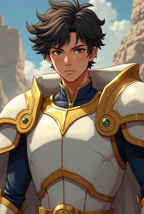 anime style. YOUNG MAN WITH BROWN SKIN AND SHORT CURLY BLACK HAIR. WEAR LARGE WHITE ARMOR WITH GOLD DETAILS, AND A GOLD CAPE AND A GOLD HELMET. HE'S VERY HANDSOME