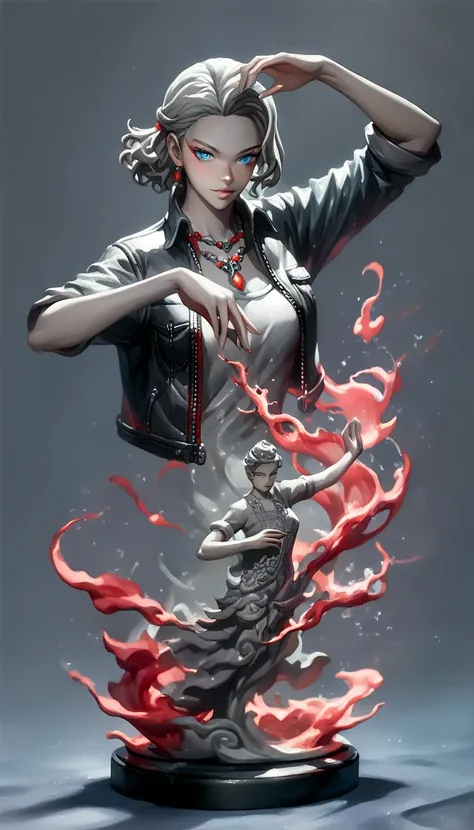 Score_9, Score_8_climb, Score_7_climb, Score_6_climb, Dark Theme ， sinosic style ，
 (Fluorescent Red Curved Shape:1.5)( magic department lighting ：1.6)，(Carving_Pose, high contrast，Anime Coloring ， gray level with red background :1.5), Leather Jacket,Leath...