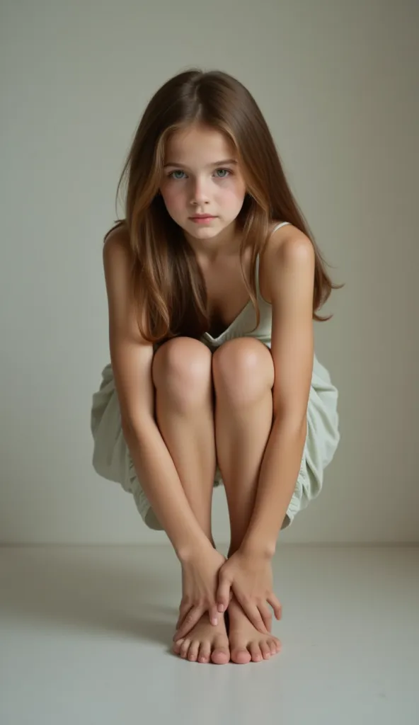 “A very young girl with long, wavy brown hair and fair skin crouching gracefully in a minimalistic studio setting. She has an intense yet soft gaze, looking directly at the viewer with a calm expression. She is wearing a simple, light-colored dress that dr...