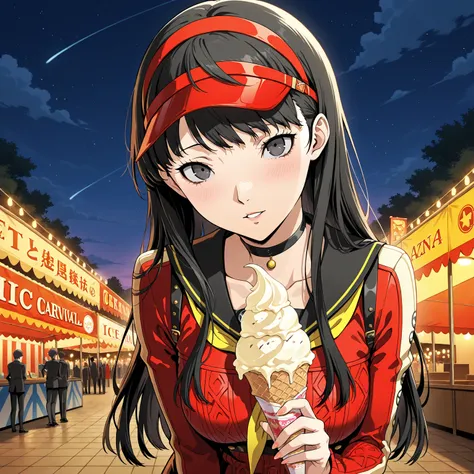 Yukiko Amagi: Persona 4, black hair, best quality, amazing quality, very aesthetic, high resolution, newest, hyper-detailed, 1girl, at the carnival, ice cream