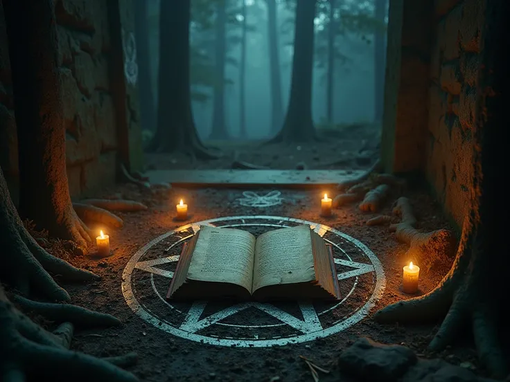 "A dark, atmospheric scene filled with occult symbolism. A dimly lit, ancient room or a misty forest clearing with a large, intricate pentagram drawn on the ground, surrounded by flickering black candles. Strange, glowing runes and sigils are carved into t...