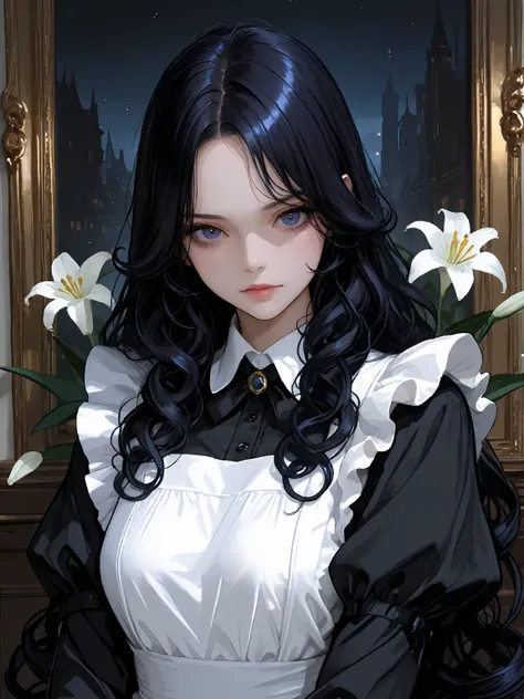 4k , 8k , ((highest quality)),(Ultra-high resolution),(Very detailed),(Detailed Description),((The best CG)),(A masterpiece),Ultra-detailed art , (only 1 female long curly black hair dark blue eyes) , ((no hairbangs)), very long hair , beroom environments,...