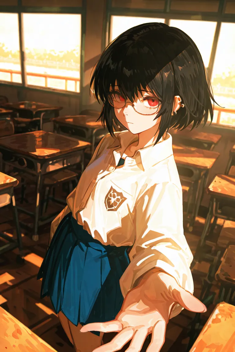 Long black hair reaching the back, red eyes, personal perspective, glasses, Japanese school uniform, shy