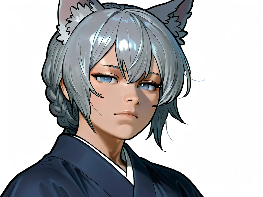 Male, solo, grown up, gray hair, short hair, navy eyes, wolf ear, wearing navy hakama, masculine, looking at viewer, expressionless, upper chest, white empty background, black bold outline