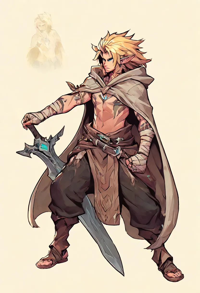  Human Male,Elf ears ,   ((Best Character Design )),Robes  ,  tribal tattoos ,Simple background, hooded cloak  , long Blonde hair , small Beard , Bandage hands ,solo ,pose ,Pants ,cool Curved Sword