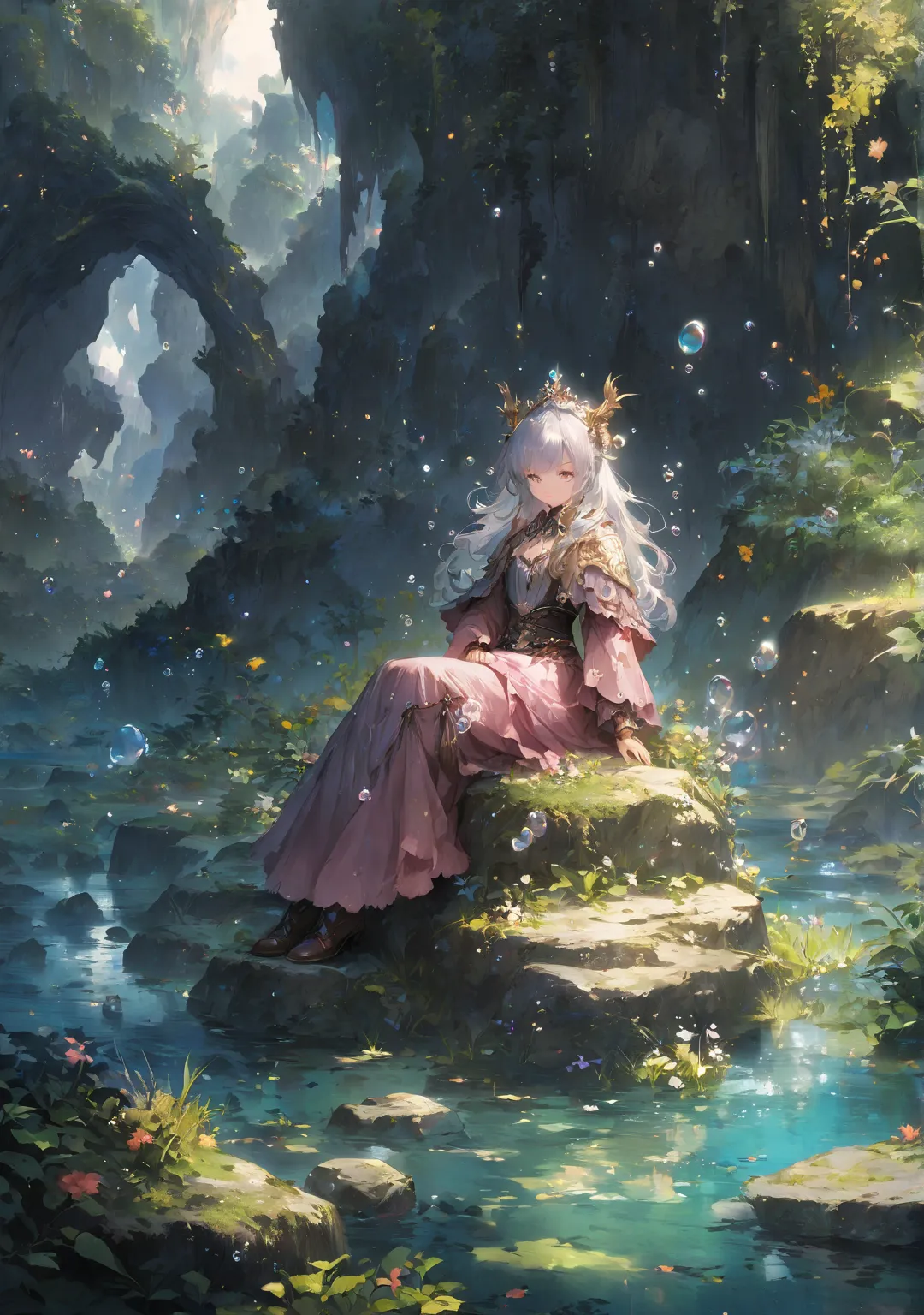 anime girl sitting on a rock surrounded by bubbles and plants,  Anime Fantasy Illustrations ,  anime fantasy art , beautiful fantasy anime, Lake Wizard