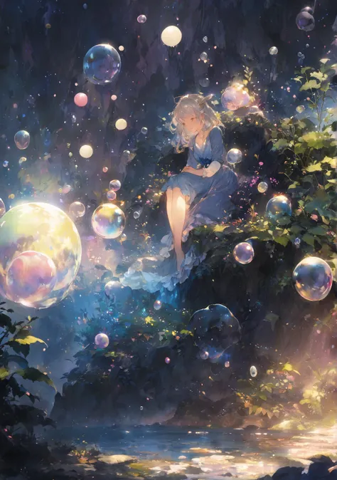 anime girl sitting on a rock surrounded by bubbles and plants,  Anime Fantasy Illustrations ,  anime fantasy art , beautiful fantasy anime, Lake Wizard