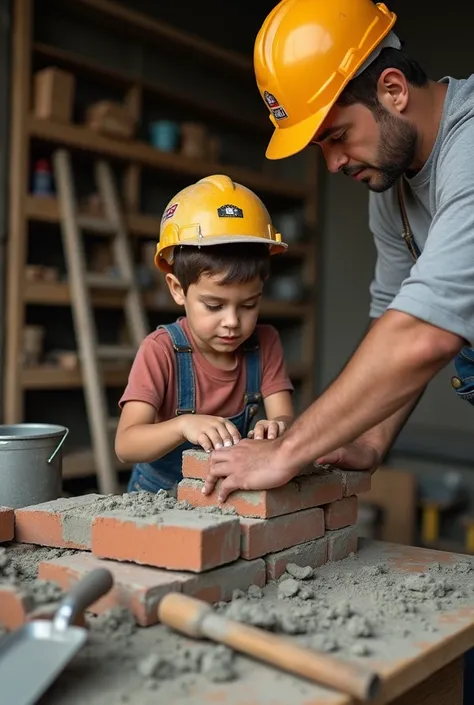 A young apprentice working under the guidance of an expert builder, carefully placing bricks with cement on a training site. The background includes a workbench with construction tools.