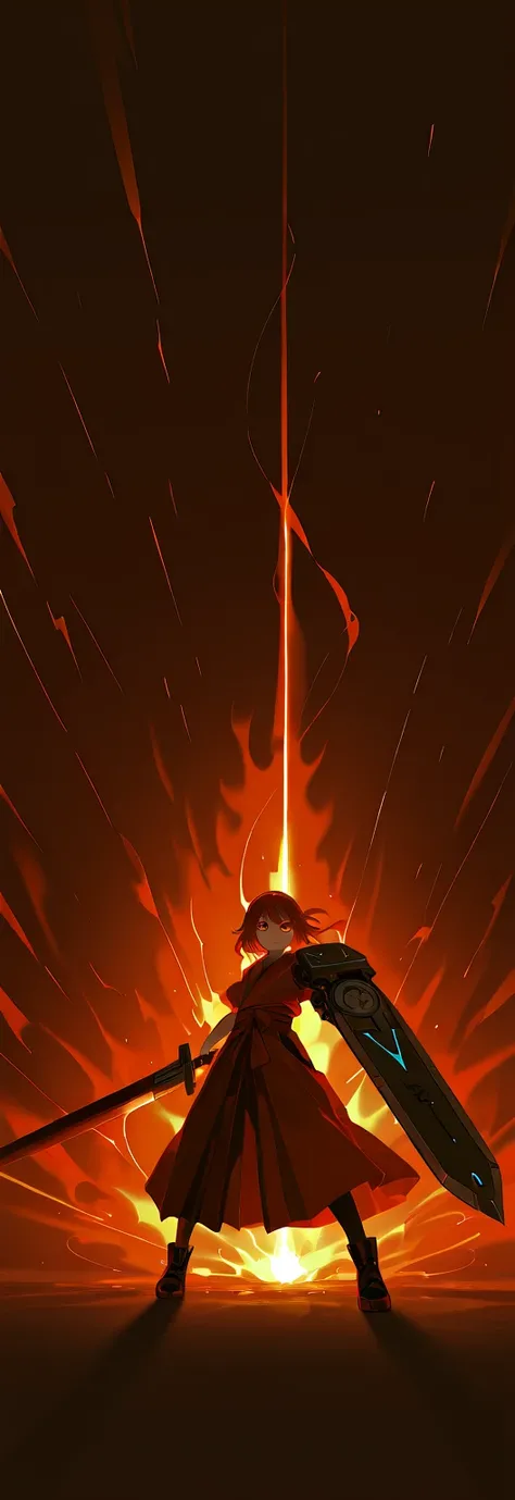 best quality, high detailed, (big weapon), holding gigantic sword, Extra wide blade, Buster Sword, Girl, mechanical arm, attack stance, burning arm, emit red aura, Ruby blade, Slash effect, serious, hakama, beautiful eyes, super fine eyes