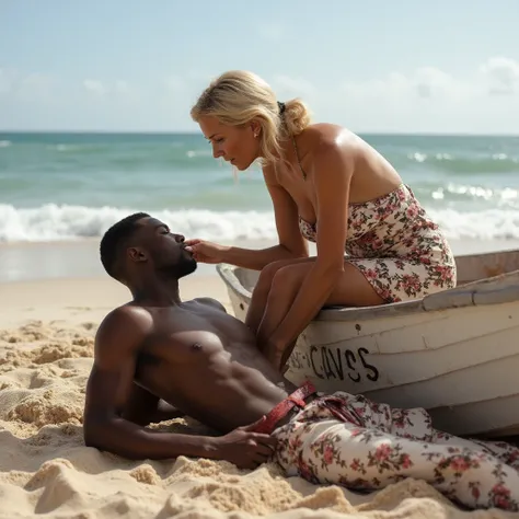  132-year-old black boy just arrived on a beach in a boat, He is handsome, And he's tired almost lying in the sand. a 45-year-old blonde and pretty white MILF, Dressed very sexy, elegant and suggestive, she is helping. She bends over leaving her boobs clos...