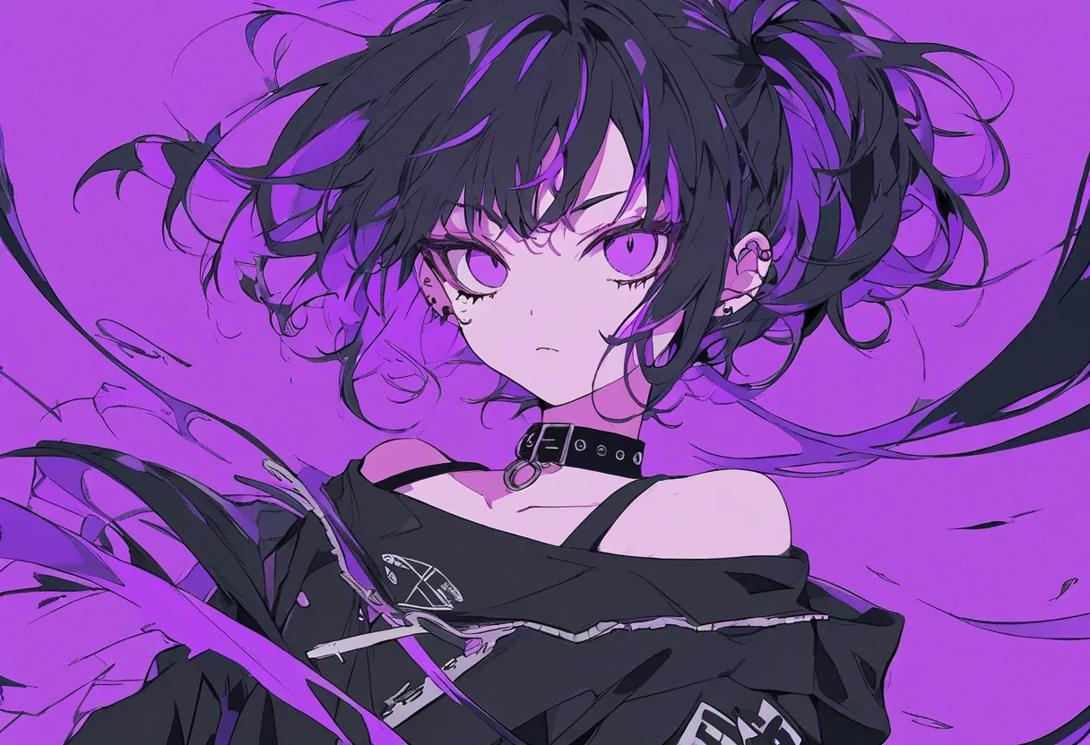 masterpiece, best quality, 8K wallpaper,  pixiv contest winner,  super detailed illustration , one girl, dynamic angle,  black hair, (((flat color))), (((simple purple background ))), Purple main illustration, Punk Style, off shoulder