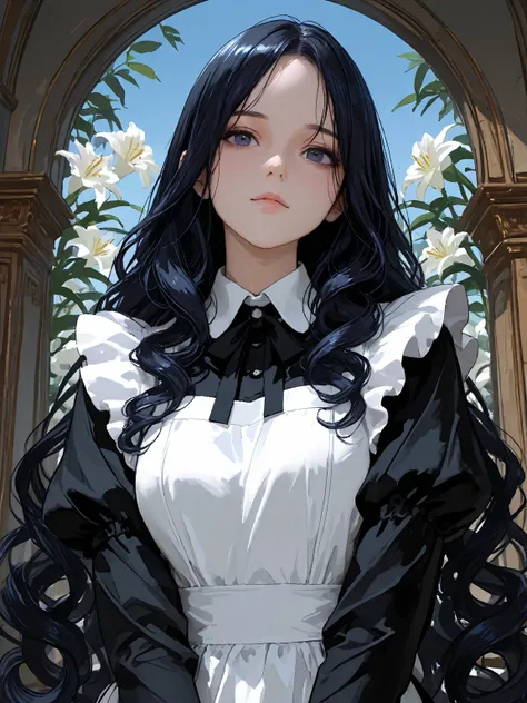 4k , 8k , ((highest quality)),(Ultra-high resolution),(Very detailed),(Detailed Description),((The best CG)),(A masterpiece),Ultra-detailed art , (only 1 female long curly black hair dark blue eyes) , ((no hairbangs)), very long hair , beroom environments,...