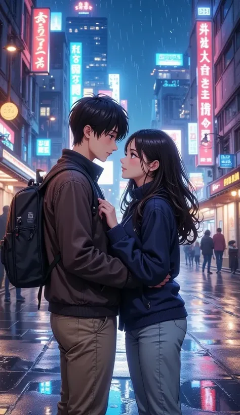 A young anime-style couple, positioned in the center of the image, stands amidst a rainy night cityscape.  The woman, light-skinned Asian, with long, dark hair, is slightly leaning towards the man, She wears a light-gray pants, and a dark-blue sweater.  He...