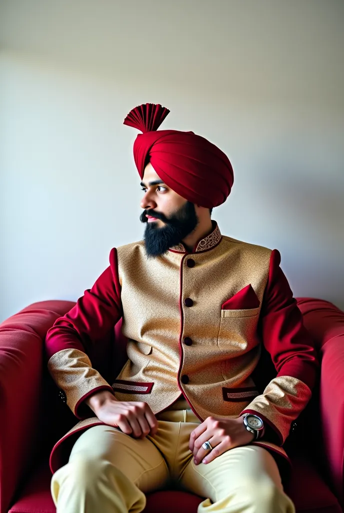 there is a man sitting on a couch with a turban on, a picture by Riza Abbasi, pexels, dau-al-set, groom, very very low quality picture, handsome man, dressed in a jodhpuri suit, candid picture, kyza saleem, in front of white back drop, portrait shot 8 k, c...