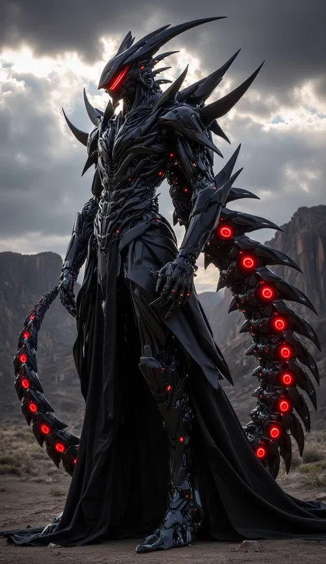 "A towering futuristic cybernetic warrior stands in a vast desert landscape under a dramatic cloudy sky. The warrior is clad in an intricate black mechanical exoskeleton, covered in sharp, angular armor plates with glowing red neon accents. Its helmet is s...