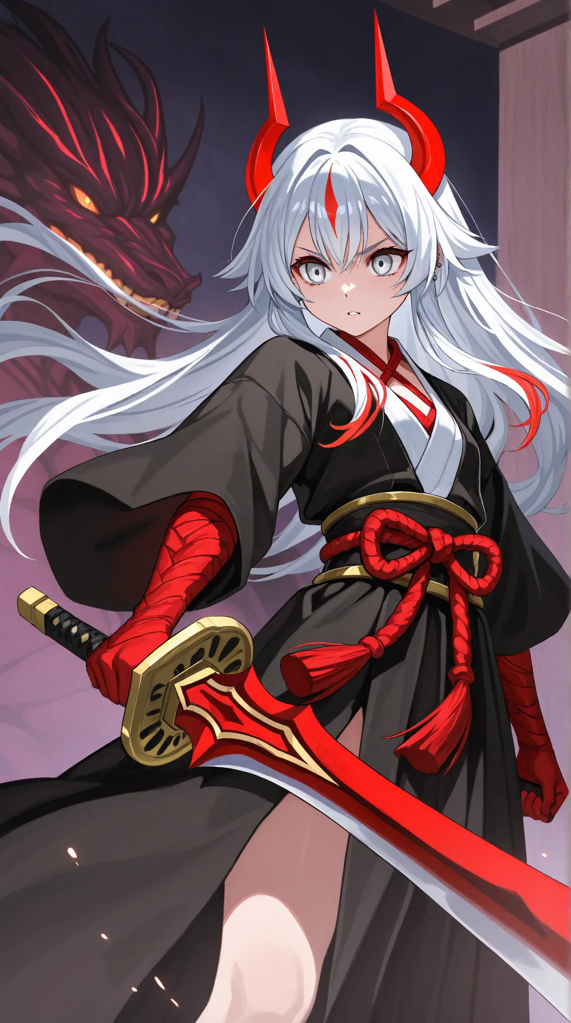  Woman 20 years old white hair and red locks with silver eyes she is a samurai in Demon Slayer , With a snake 