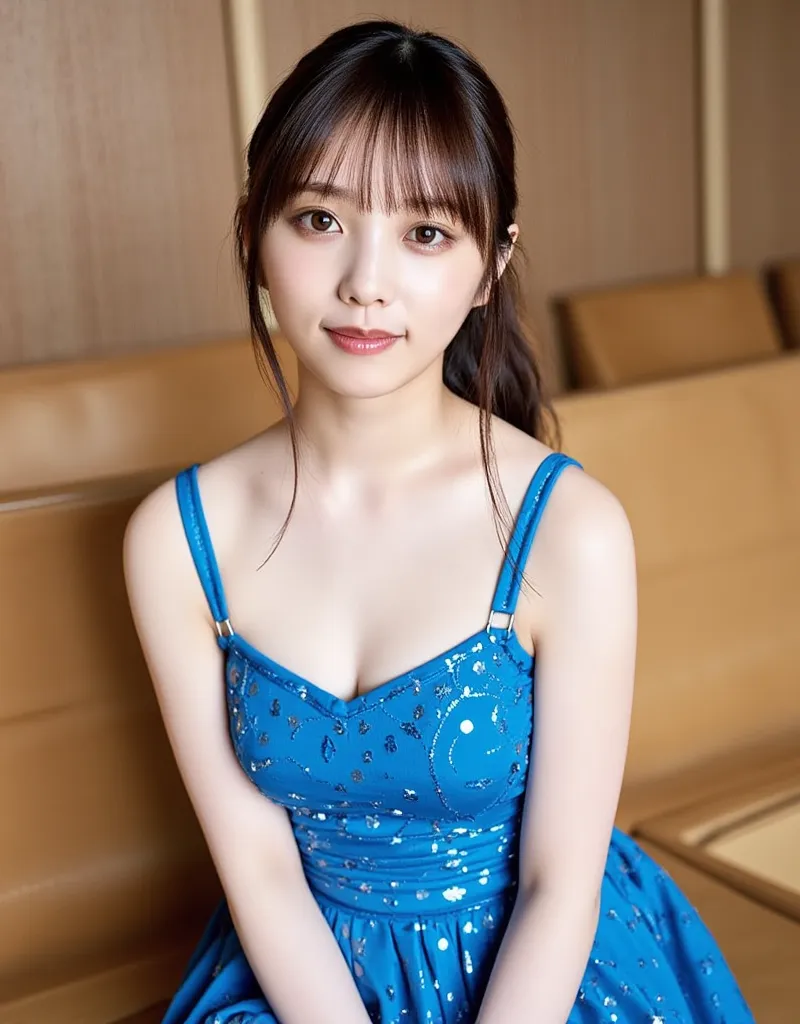 The image is a portrait of a young woman named Manachan sitting on a wooden bench. Snow-white skin. She is wearing a blue sleeveless dress with silver sequins on it. The dress has a scoop neckline and thin straps. Her hair is semi-long hair with bangs and ...