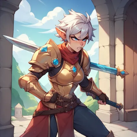 a tomboy with white hair and blue eyes. she is wearing paladin armor and is wielding a sword. she is inside a castle and looks angry.