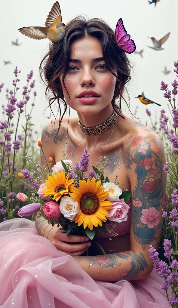 “A quirky  Thai girl with brown-black hair and light pink skin, whose body is adorned with watercolor tattoos of wildflowers and butterflies, giving the illusion that the paint is dripping down her arms. Her bouquet is a wonderful creation, consisting of l...