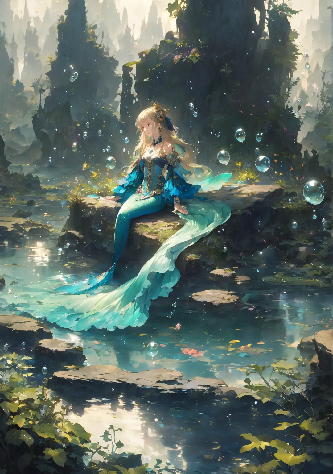 Mermaid sitting on a rock surrounded by bubbles and plants,  Anime Fantasy Illustrations ,  anime fantasy art , beautiful fantasy anime, Lake Wizard