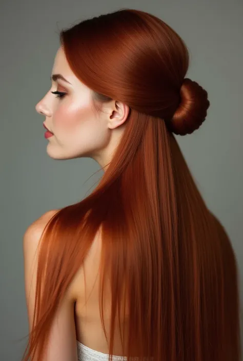 Generate photos of my professionals color long straight hair up to the waist reddish brown color similar to copper chocolate the lighting should highlight the reddish reflections leaving the hair with a natural shine 