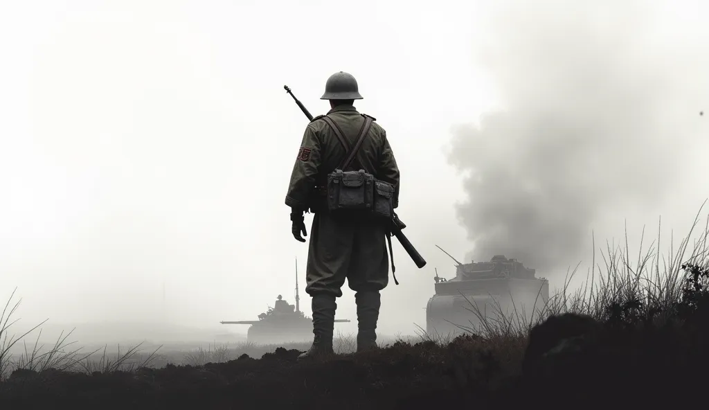 game poster ww2, one soldier near the view, far. white background with war