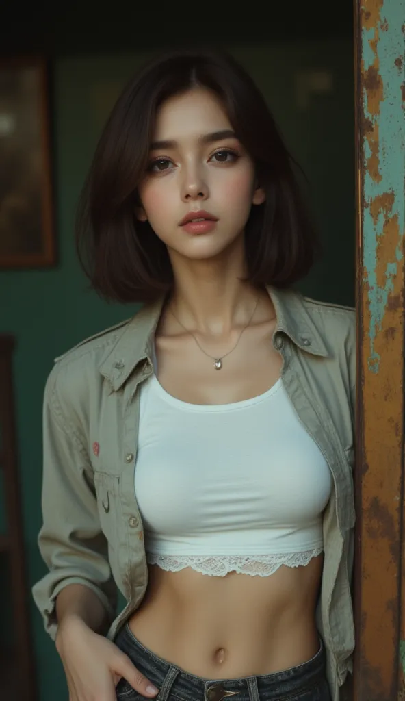  Her makeup is subtle and natural ,  hairstyle of Bob .  dark brown hair , looking directly at the camera with a serious expression.  The bottom of the white short t-shirt has subtle . She wears short sleeves ,  The jacket is draped over the shoulders ,  B...