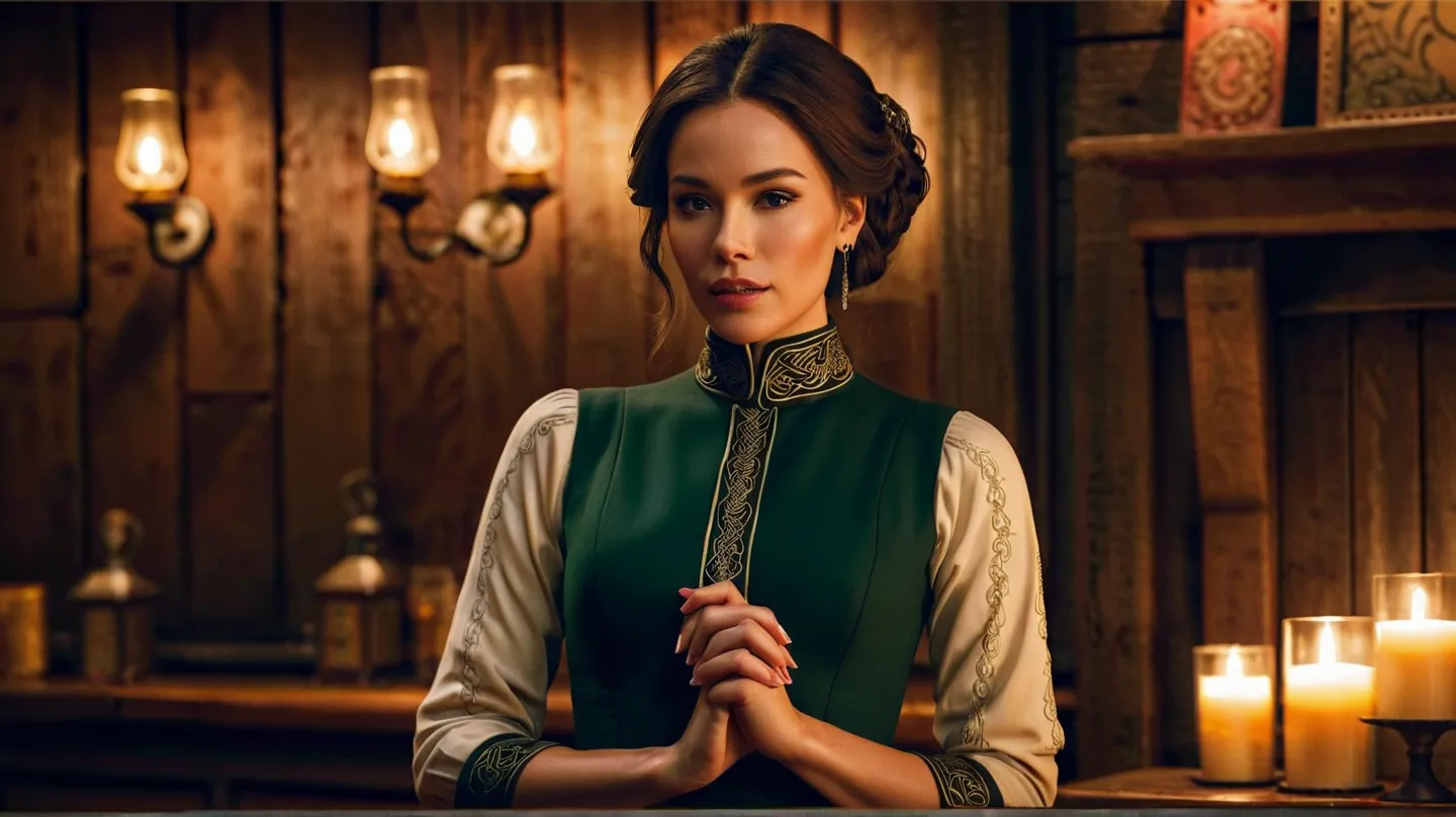 "A singer in a cozy saloon, dressed in modest ethnic Celtic attire. The outfit is elegant yet simple, with a high-neck design that covers the chest completely, reflecting traditional Celtic style with intricate details. The soft lighting highlights her fac...