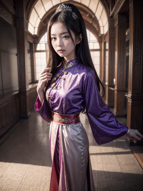 a woman in a purple dress, a portrait inspired by Xie Sun, trending on cg society, fantasy art, cheongsam, gorgeous chinese model, chinese dress, chinese style, traditional chinese clothing, with acient chinese clothes, chinese girl, japanese goddess, full...