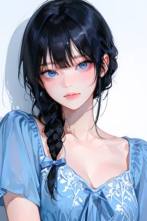 4k , 8k , (only 1 female black hair blue eyes) , ((no hair bangs)) , 25 years old , with dress  , novel , manhwa , very details , hair details , very anime eyes detais  , ตรงตามกายวิภาคมนุษย์ ,ร่างกายสมส่วน , korean , anime eyes, ((half body focus)) , ribb...