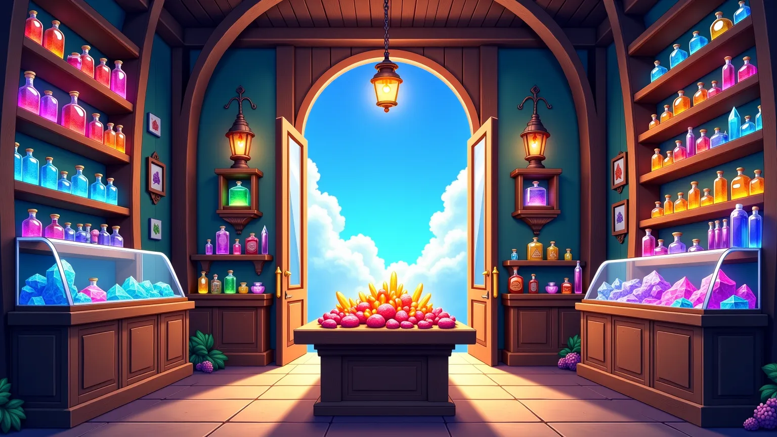 Anime-style illustration of a vibrant and colorful magical shop filled with epic items. The shop is well-lit and showcases multicolored potions, artifacts, and crystals displayed on shelves, walls, and glass cases. In the center of the shop stands a brown ...