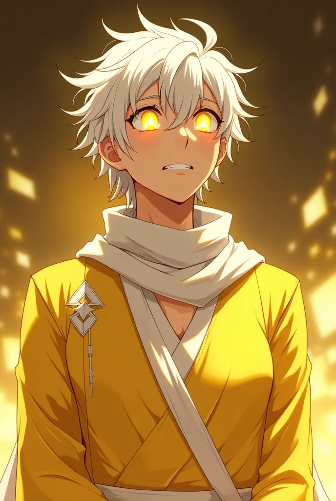 Make this character yellow, A white-haired , glowing golden eyes, yellow robes and some white details on her bust like the drawing, with a white scarf around her neck, In the style of this man looking up with an expression of despair as if he were lost or ...