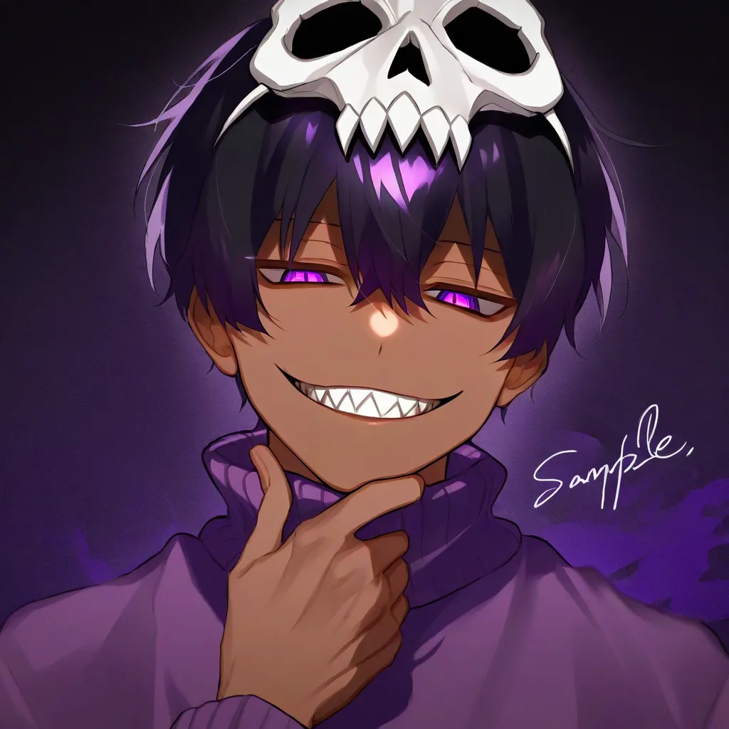  alone, 1 boy,  skull mask , dark skinned, sample of teeth , sharp teeth,  evil smile, jitome, villain pose, shiny purple eyes, purple turtleneck sweatshirt,  short hair, black hair, purple hair, hand on chin