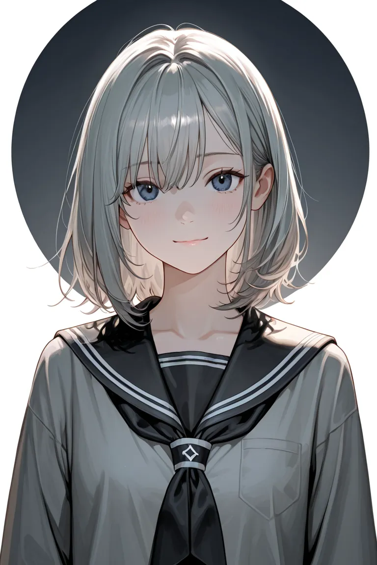 gray hair in the dark bedroom 、 dark blue eyes、sling、medium hair、night、garden、 beautiful、beautiful、shy expression、black and white sailor suit、loafers、Short socks