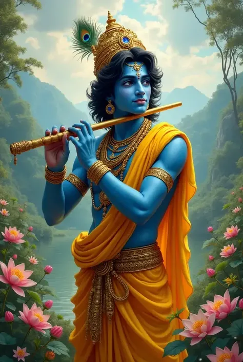 Please make big krishna with short hair and brown skin stand next to the letter K royal with peacock feathers and a flute. 