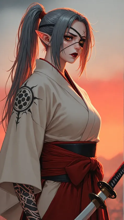 1girl, long hair, gray hair, ponytail, eye patch, kunoichi, samurai, beautiful, pointy ears, holding a katana, amber eyes, tired face, sun, D&D, warlock, freckles, dark red lips, scar on eye, black tint on eye, white katana, nodachi, gothic, witchcraft, fr...