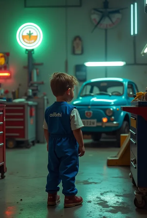 Petit garçon en salopette bleu, dans un atelier de mécanique avec un Fiat abarth sur un banc d’essai à l’arrière, ils une clef à molette, écrit « Mario » sur sa salopette,
Au fond de l’atelier on voit une insigne néon vert lumineuse avec écrit « Benvuti »,...