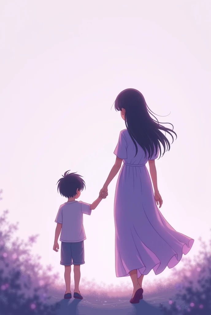 Anime version image of a mother walking hand in hand with her son seen from behind, This one in purple and lilac tones without any background