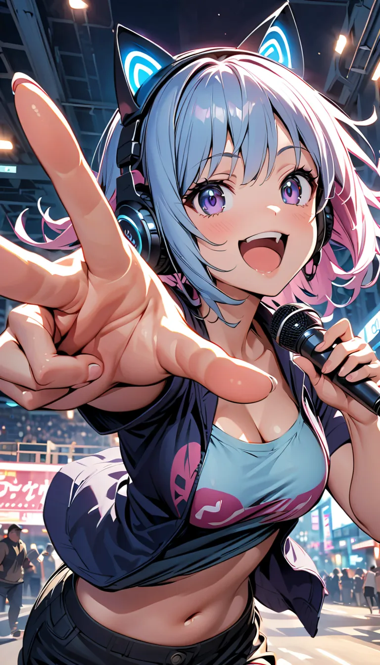 ( pink and light blue:1.5), (( streak hair)), (Highlight Hair), ( one girl outside running), (( purple eyes)), cat ears, I'm wearing clothes with a musical note pattern and headphones ,  microphone in one hand 、I have a penlight in my other hand ,  with mu...