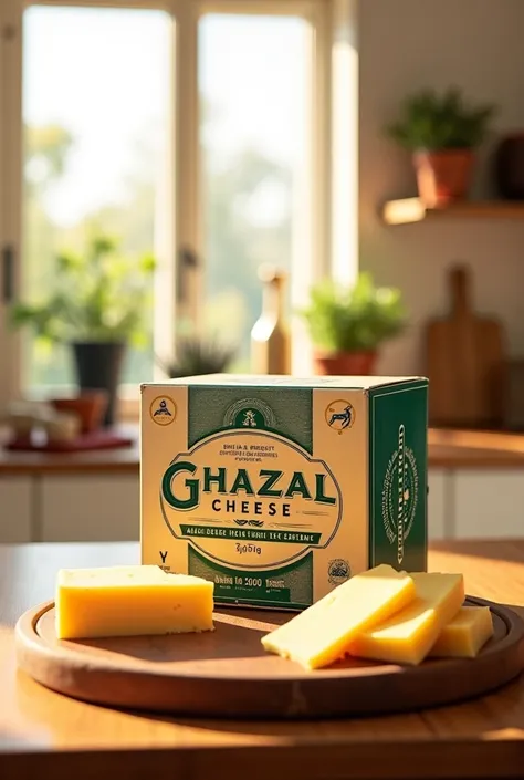 An advertisement featuring a sturdy cardboard box of "Ghazal Cheese" with a vintage-style illustration of a gazelle as its brand logo. The box is designed with green and cream colors, giving it a rustic and traditional look. Next to it, slices of cheese ar...