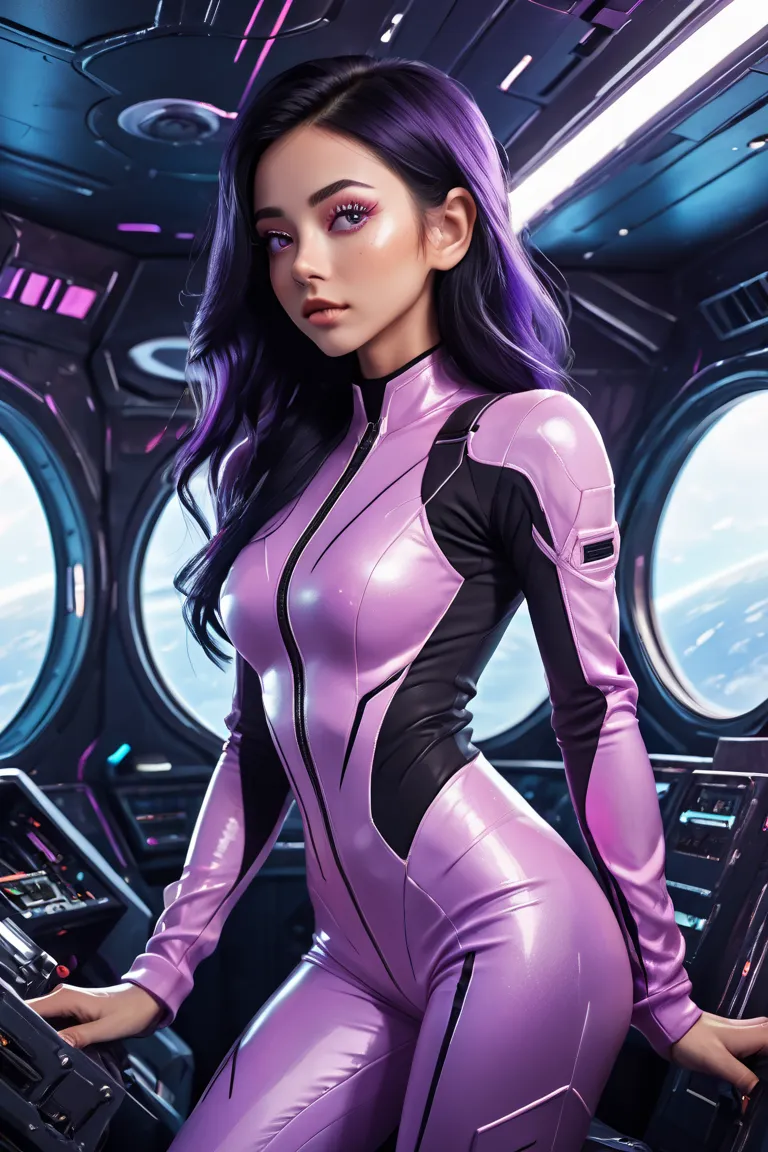 A beautiful young girl, slime, straight hair, purple/black hair, sci fi jumpsuit, purple eyes, makeup eyes, freckles, pink lipstick, athletic body, abs, muscular definition, small breasts, small ass, full body, indoor, detailed background of a space fighte...