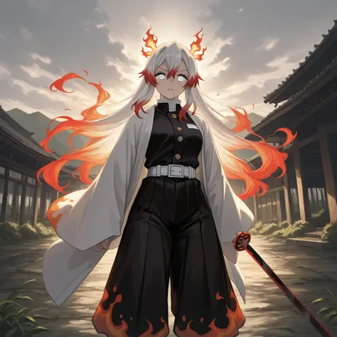 1 white hair girl with red locks and silver eyes of Demon Slayer with a samurai with long red hair 