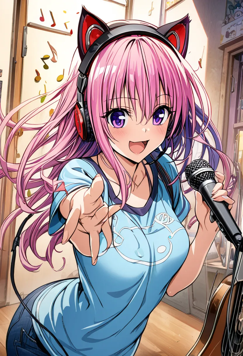 ( pink and light blue:1.5), (( streak hair)), (Highlight Hair), ( one girl outside running), (( purple eyes)), cat ears, I'm wearing clothes with a musical note pattern and headphones ,  microphone in one hand 、I have a penlight in my other hand ,  with mu...